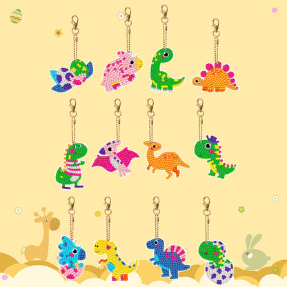 12PCS Cartoon Dinosaur Double Sided Diamond Painting Keychain for Beginner Adult