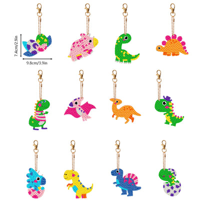 12PCS Cartoon Dinosaur Double Sided Diamond Painting Keychain for Beginner Adult