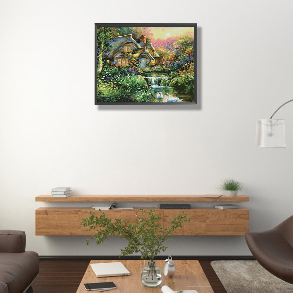 Houses River - Full Round Drill Diamond Painting 50*40CM