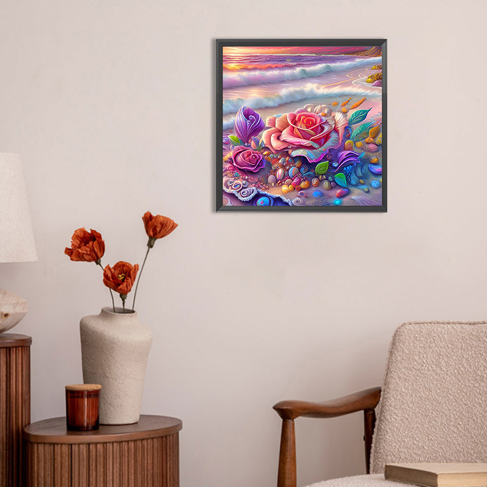 Colorful Beach With Roses - Full Round Drill Diamond Painting 30*30CM