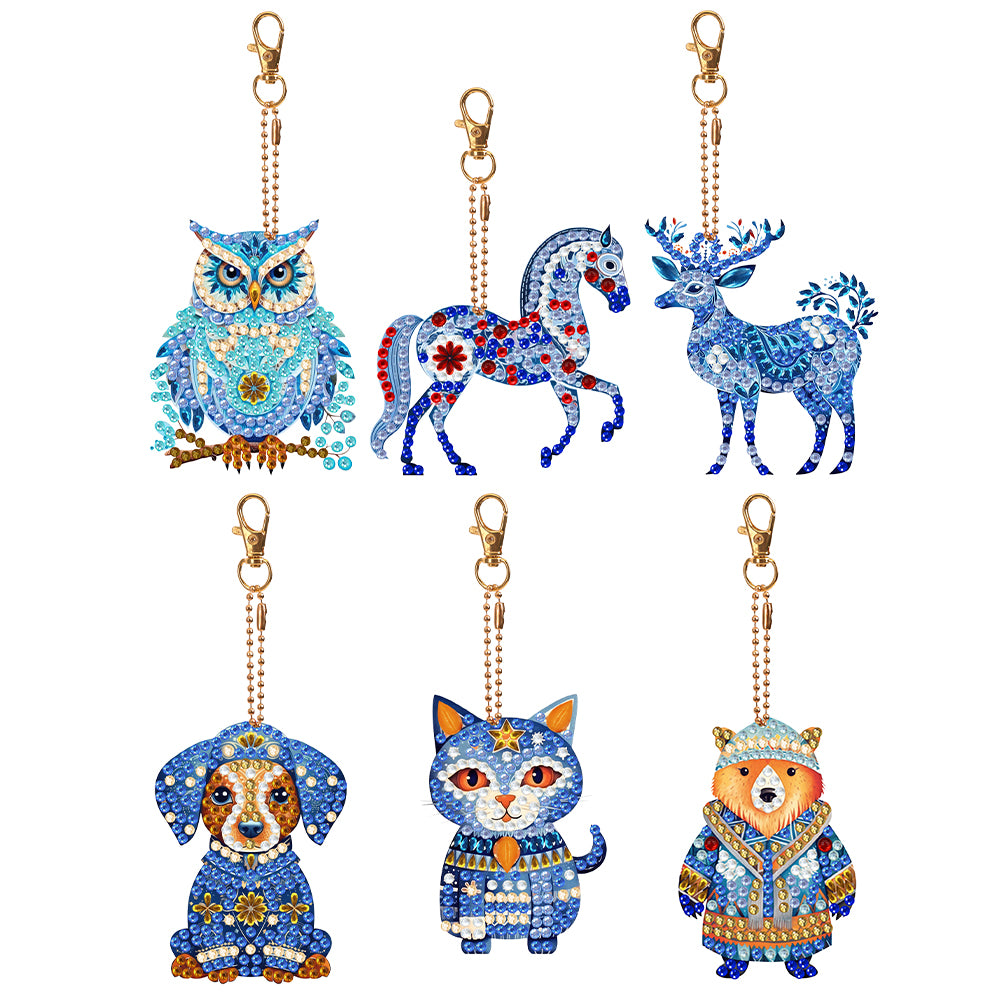 6 PCS Double Sided Special Shape Diamond Painting Keychain (Papercutting Animal)