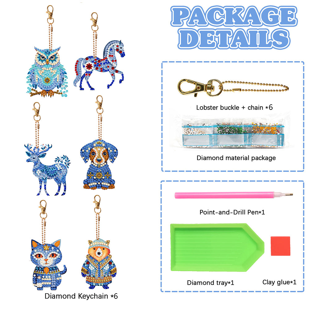 6 PCS Double Sided Special Shape Diamond Painting Keychain (Papercutting Animal)