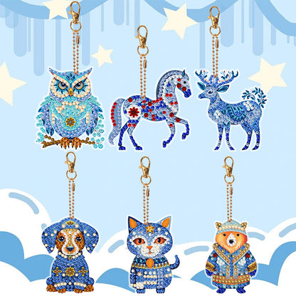 6 PCS Double Sided Special Shape Diamond Painting Keychain (Papercutting Animal)