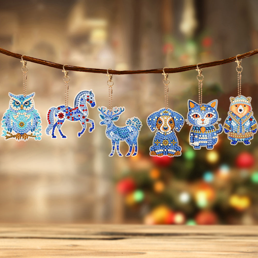 6 PCS Double Sided Special Shape Diamond Painting Keychain (Papercutting Animal)