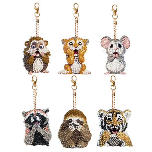 6 PCS Double Sided Special Shape Diamond Painting Keychain (Panicked Animals)