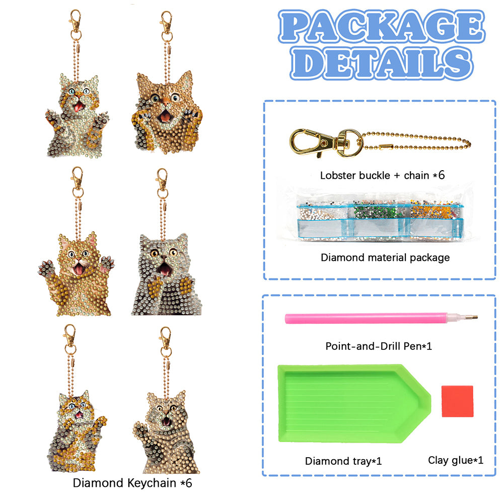 6 PCS Double Sided Special Shape Diamond Painting Keychain (Panicked Cat)