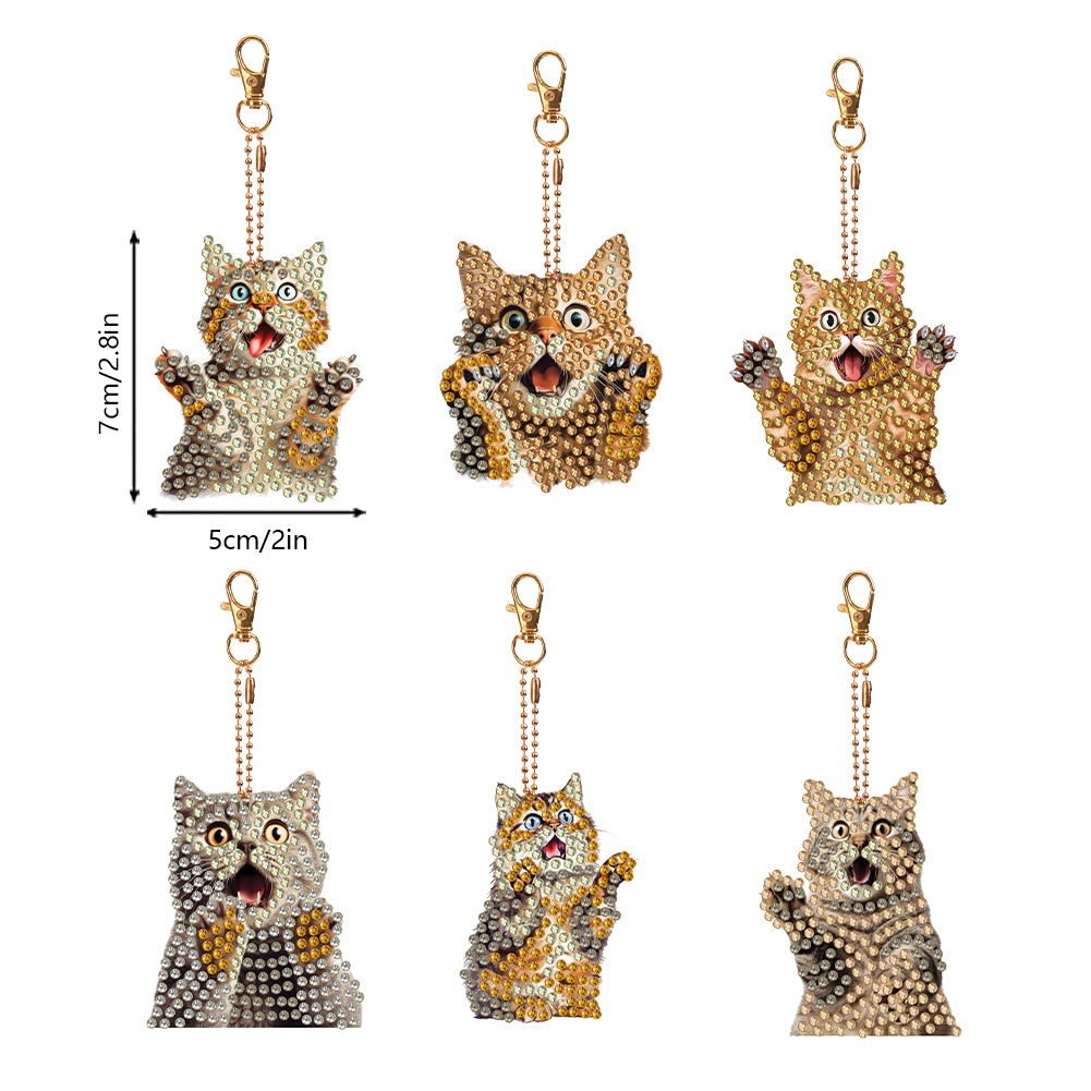 6 PCS Double Sided Special Shape Diamond Painting Keychain (Panicked Cat)