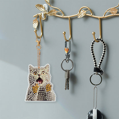 6 PCS Double Sided Special Shape Diamond Painting Keychain (Panicked Cat)