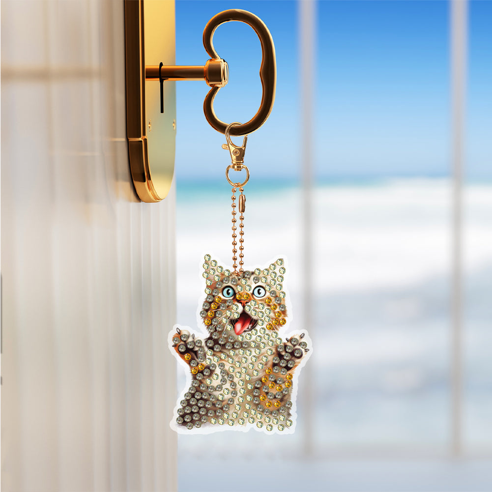 6 PCS Double Sided Special Shape Diamond Painting Keychain (Panicked Cat)