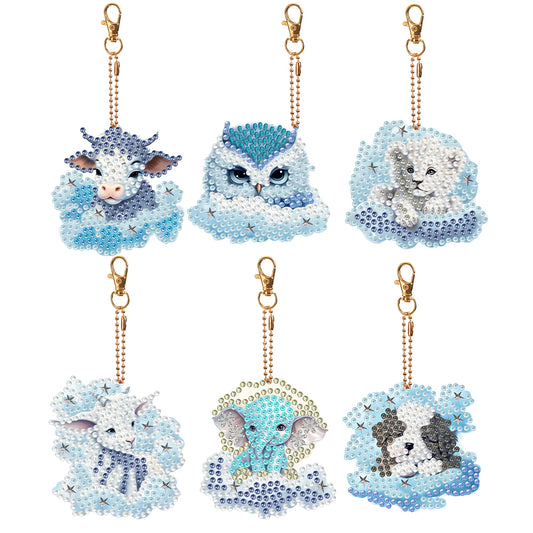 6 PCS Double Sided Special Shape Diamond Painting Keychain (Cloud Animals)