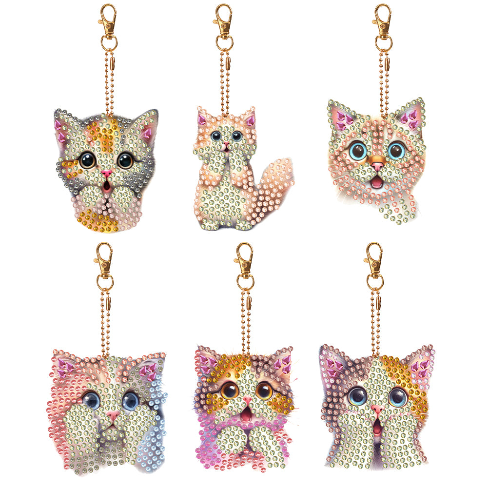 6 PCS Double Sided Special Shape Diamond Painting Keychain Pendant (Cute Cat)