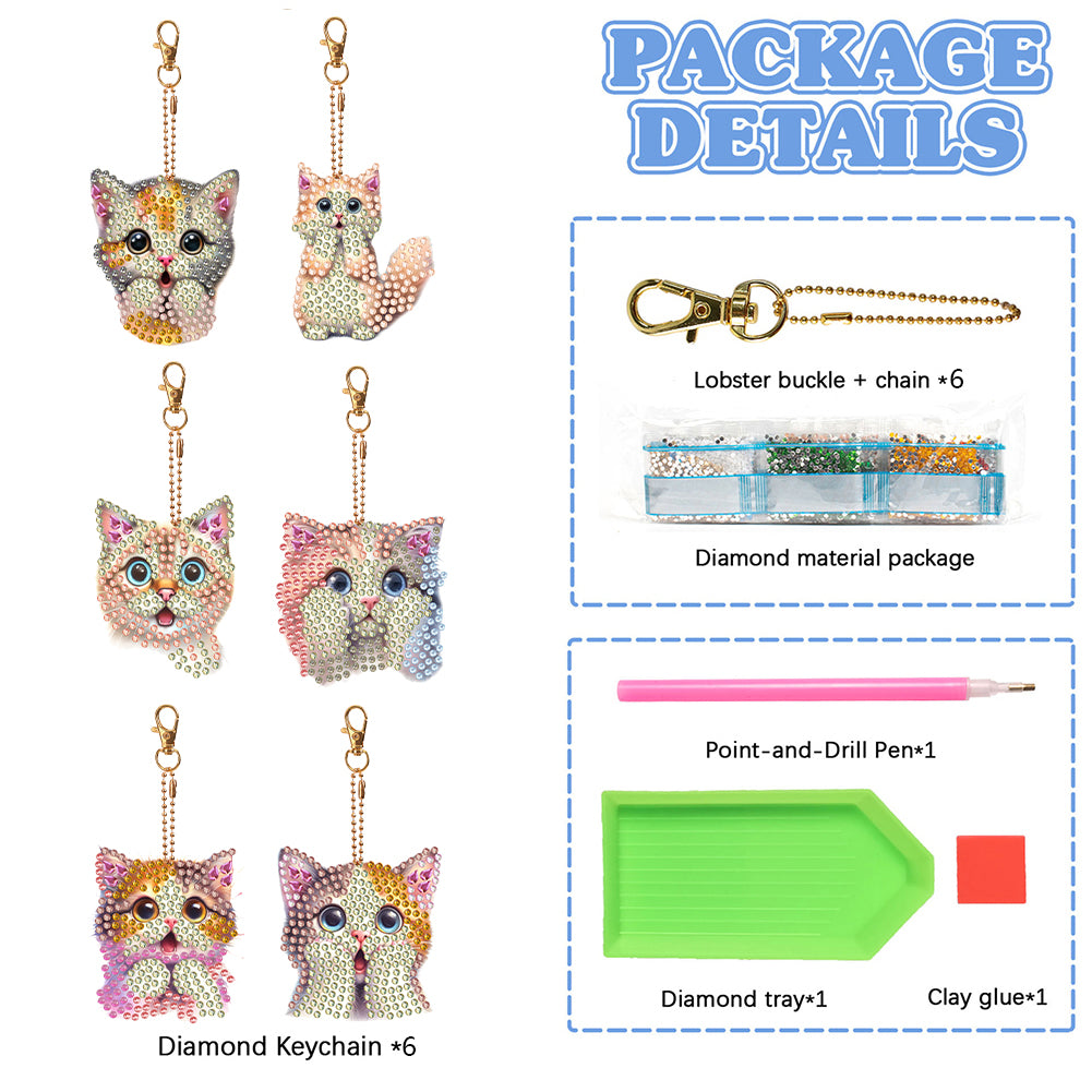 6 PCS Double Sided Special Shape Diamond Painting Keychain Pendant (Cute Cat)