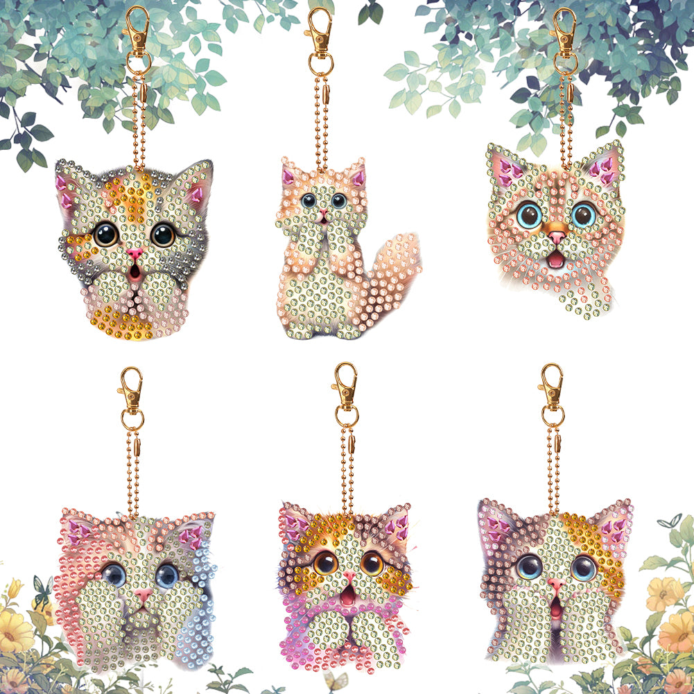 6 PCS Double Sided Special Shape Diamond Painting Keychain Pendant (Cute Cat)