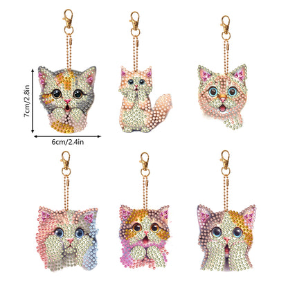 6 PCS Double Sided Special Shape Diamond Painting Keychain Pendant (Cute Cat)
