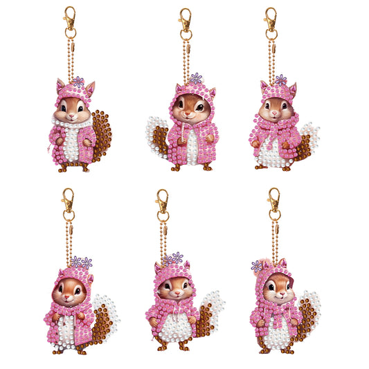 6 PCS Double Sided Special Shape Diamond Painting Keychain (Pink Squirrel)