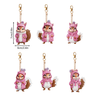 6 PCS Double Sided Special Shape Diamond Painting Keychain (Pink Squirrel)