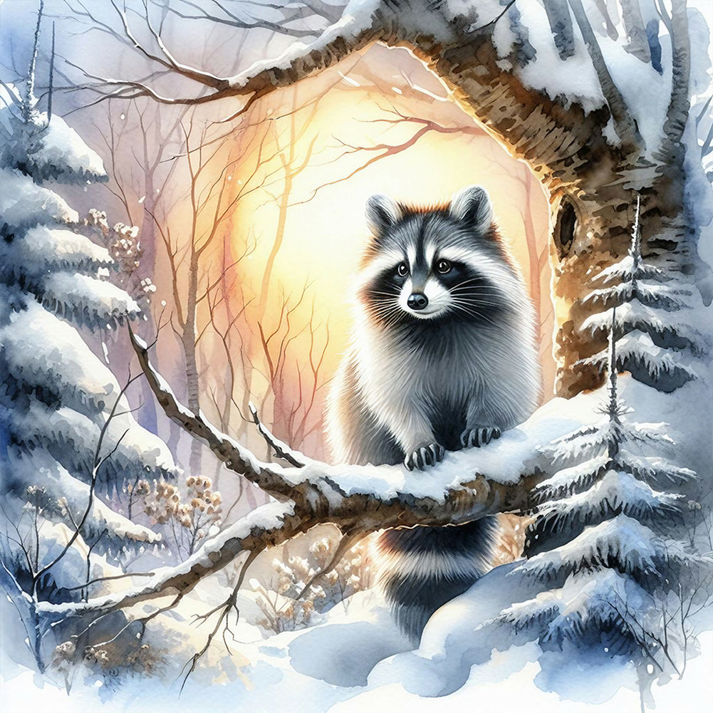 Raccoon In Snow - Full Round Drill Diamond Painting 30*30CM