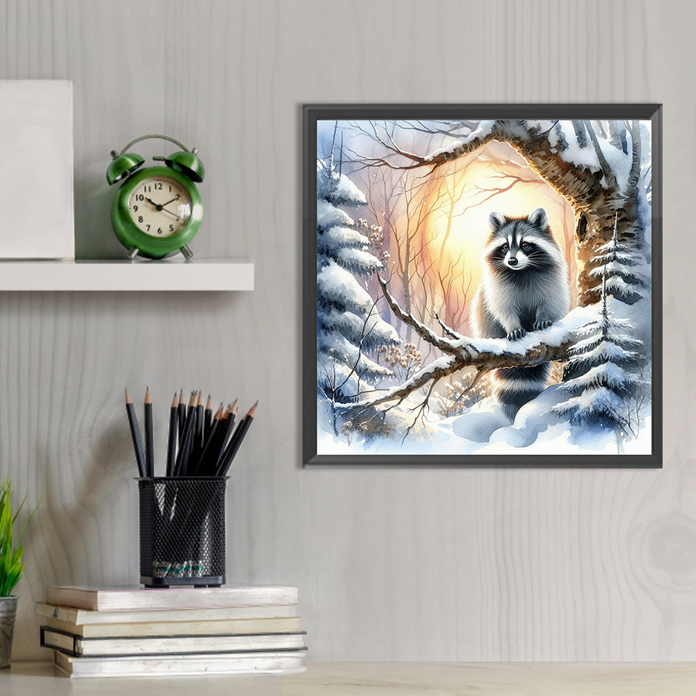 Raccoon In Snow - Full Round Drill Diamond Painting 30*30CM