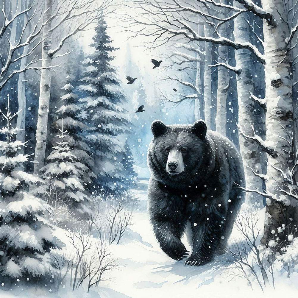 Black Bear In Snow - Full Round Drill Diamond Painting 30*30CM