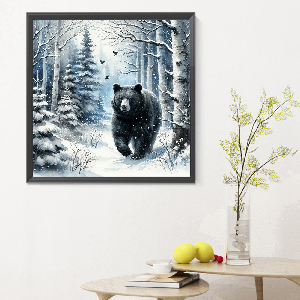 Black Bear In Snow - Full Round Drill Diamond Painting 30*30CM