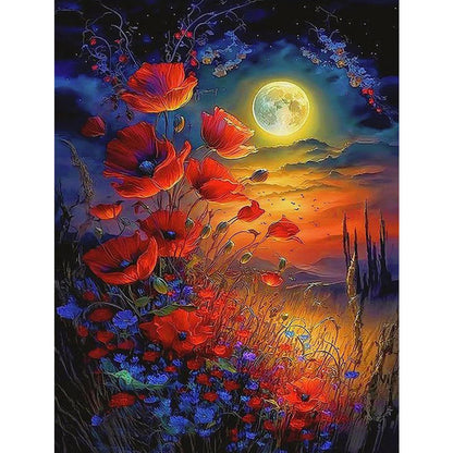 Red Flowers Under The Moon - Full Square Drill Diamond Painting 30*40CM