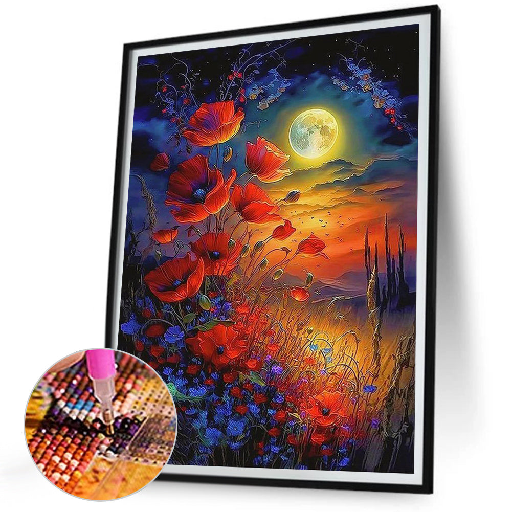 Red Flowers Under The Moon - Full Square Drill Diamond Painting 30*40CM