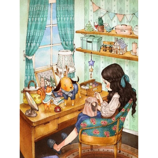 Girl Sewing Clothes - Full Round Drill Diamond Painting 30*40CM