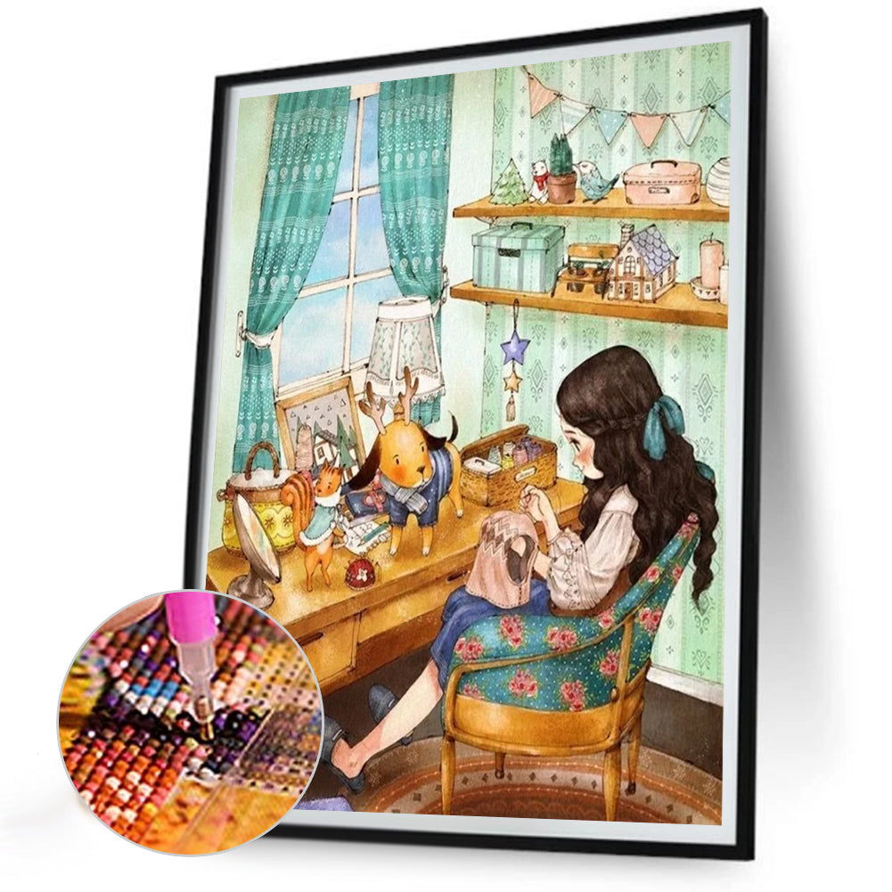 Girl Sewing Clothes - Full Round Drill Diamond Painting 30*40CM