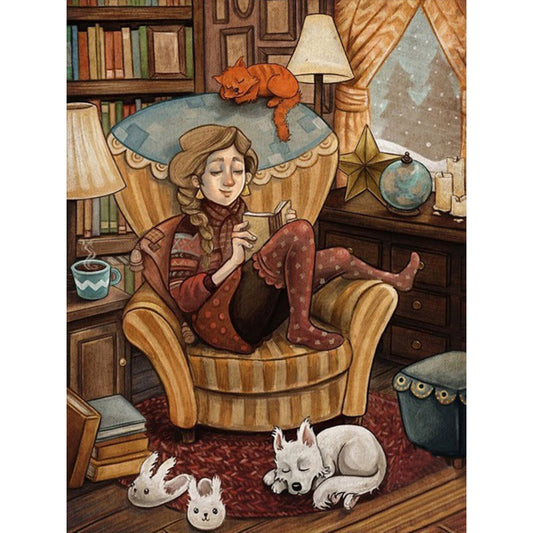 Girl Reading Book - Full Round Drill Diamond Painting 30*40CM