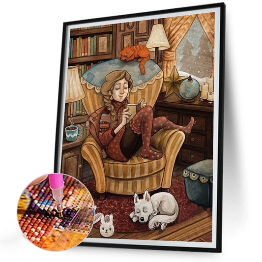 Girl Reading Book - Full Round Drill Diamond Painting 30*40CM