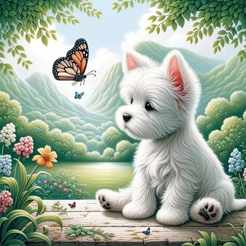Puppy Playing With Butterfly - Full Round Drill Diamond Painting 40*40CM