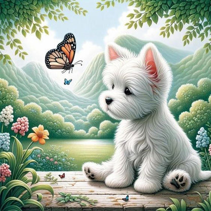 Puppy Playing With Butterfly - Full Round Drill Diamond Painting 40*40CM