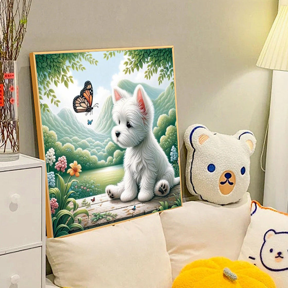 Puppy Playing With Butterfly - Full Round Drill Diamond Painting 40*40CM
