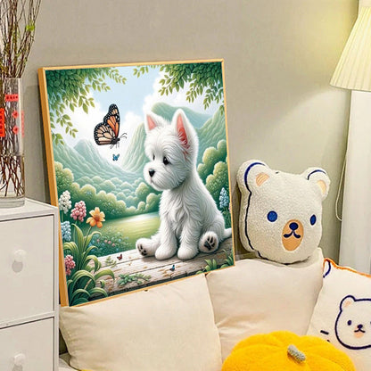 Puppy Playing With Butterfly - Full Round Drill Diamond Painting 40*40CM