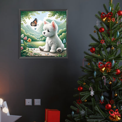 Puppy Playing With Butterfly - Full Round Drill Diamond Painting 40*40CM