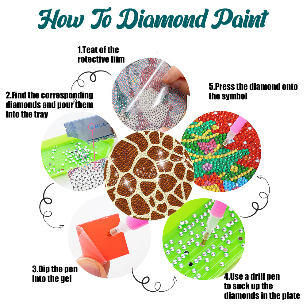 8 Pcs Wooden DIY Diamond Painting Art Coaster Kit with Holder (Animal Texture)