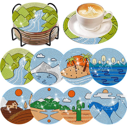 8 Pcs Wooden DIY Diamond Painting Art Coaster Kit with Holder (Sandy Coastline)