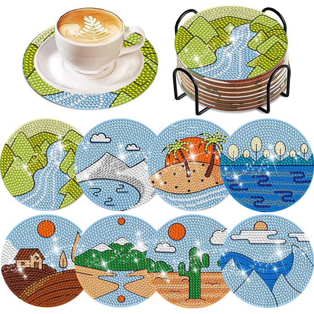 8 Pcs Wooden DIY Diamond Painting Art Coaster Kit with Holder (Sandy Coastline)