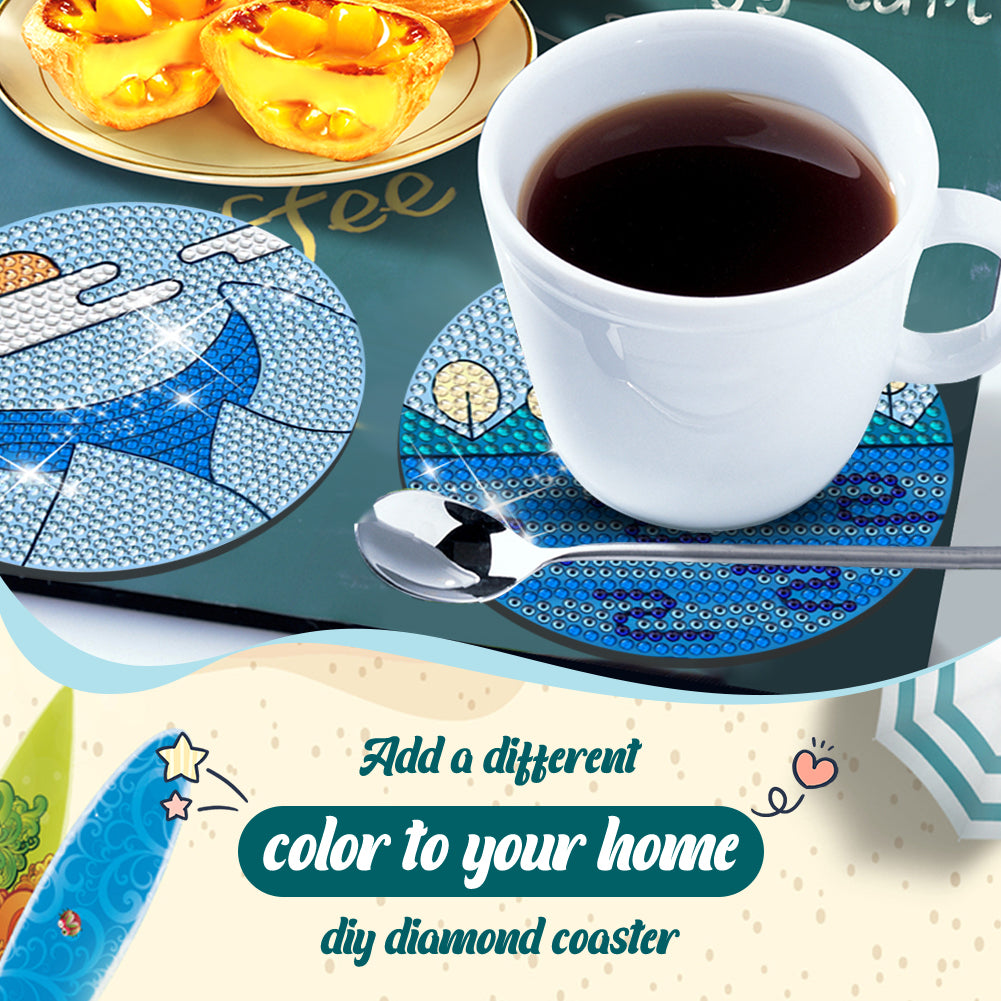 8 Pcs Wooden DIY Diamond Painting Art Coaster Kit with Holder (Sandy Coastline)