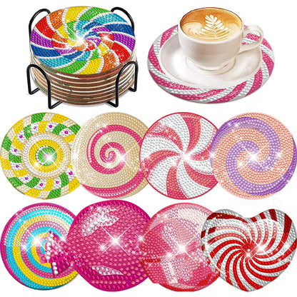 8 Pcs Wooden DIY Diamond Painting Art Coaster Kit with Holder (Spiral Pattern)