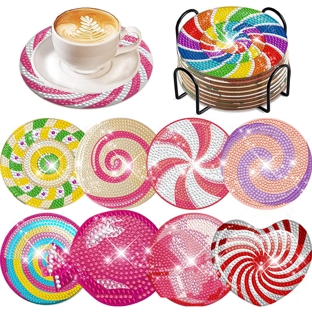 8 Pcs Wooden DIY Diamond Painting Art Coaster Kit with Holder (Spiral Pattern)