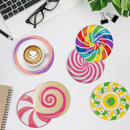 8 Pcs Wooden DIY Diamond Painting Art Coaster Kit with Holder (Spiral Pattern)