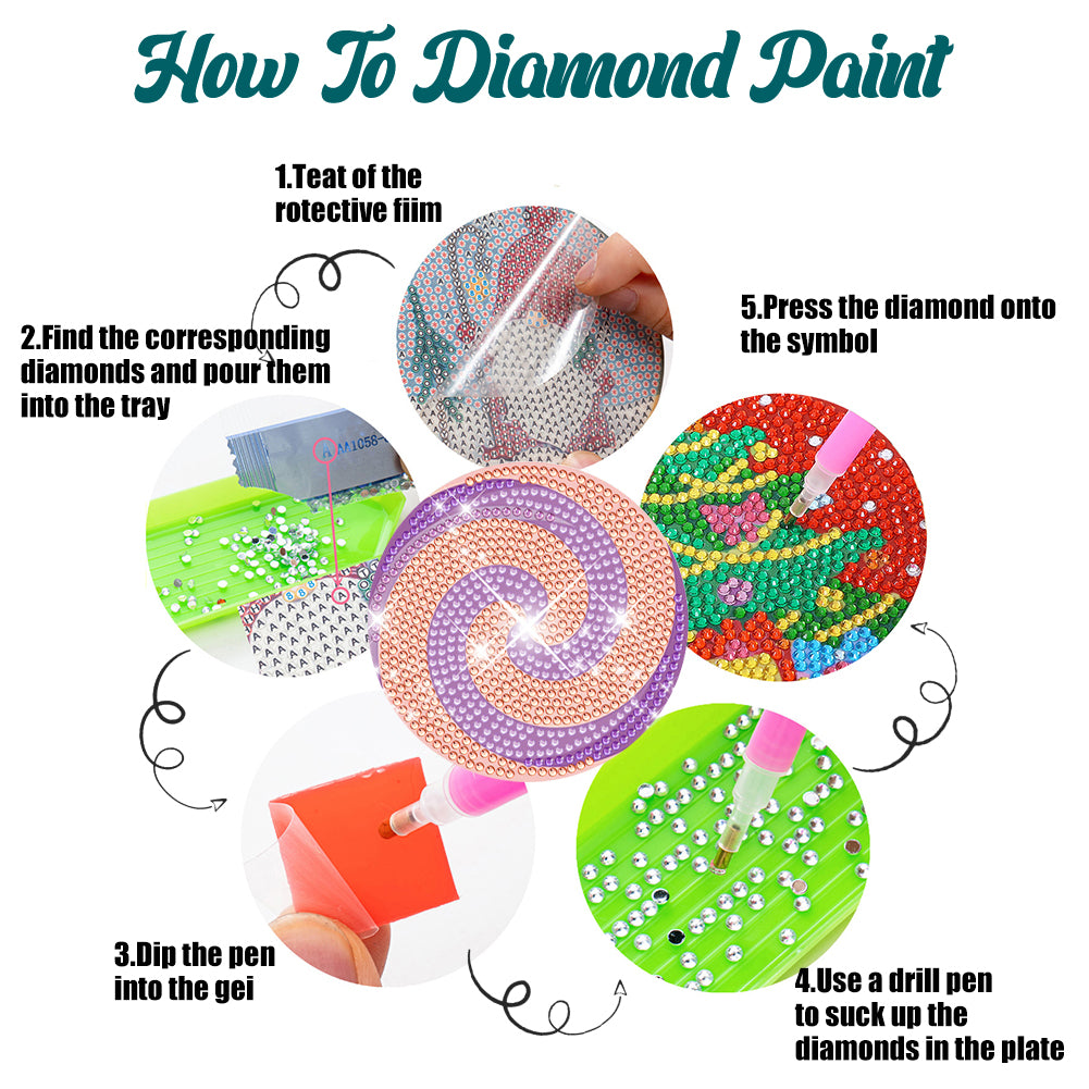 8 Pcs Wooden DIY Diamond Painting Art Coaster Kit with Holder (Spiral Pattern)