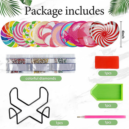 8 Pcs Wooden DIY Diamond Painting Art Coaster Kit with Holder (Spiral Pattern)