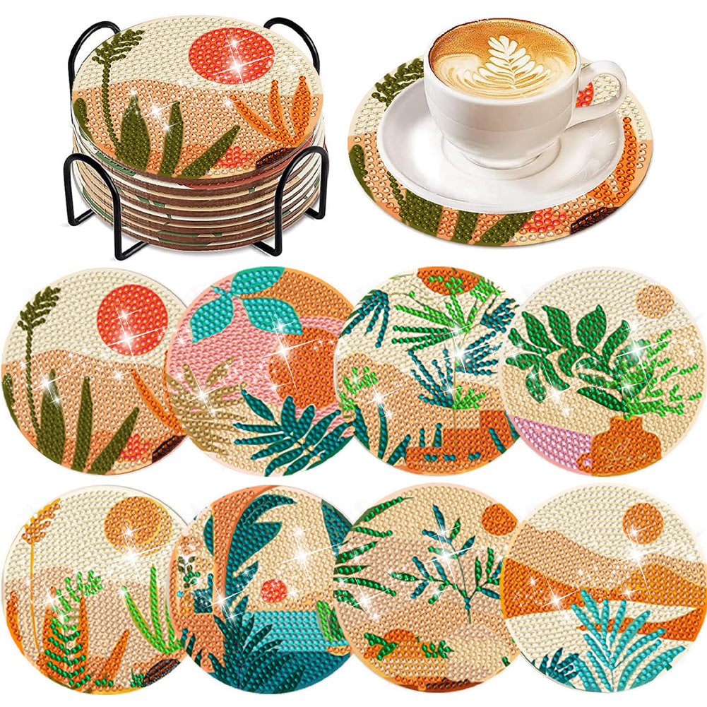 8 Pcs Wooden DIY Diamond Painting Art Coaster Kit with Holder (Abstract Garden)