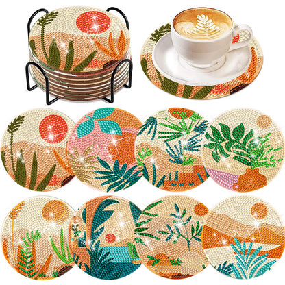 8 Pcs Wooden DIY Diamond Painting Art Coaster Kit with Holder (Abstract Garden)