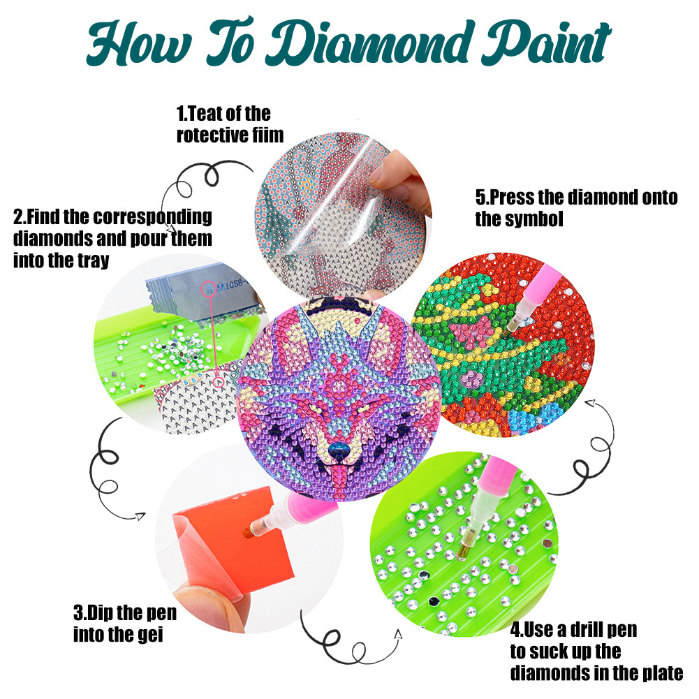 8 Pcs Wooden DIY Diamond Painting Art Crafts Coaster Kit with Holder (Wolf)