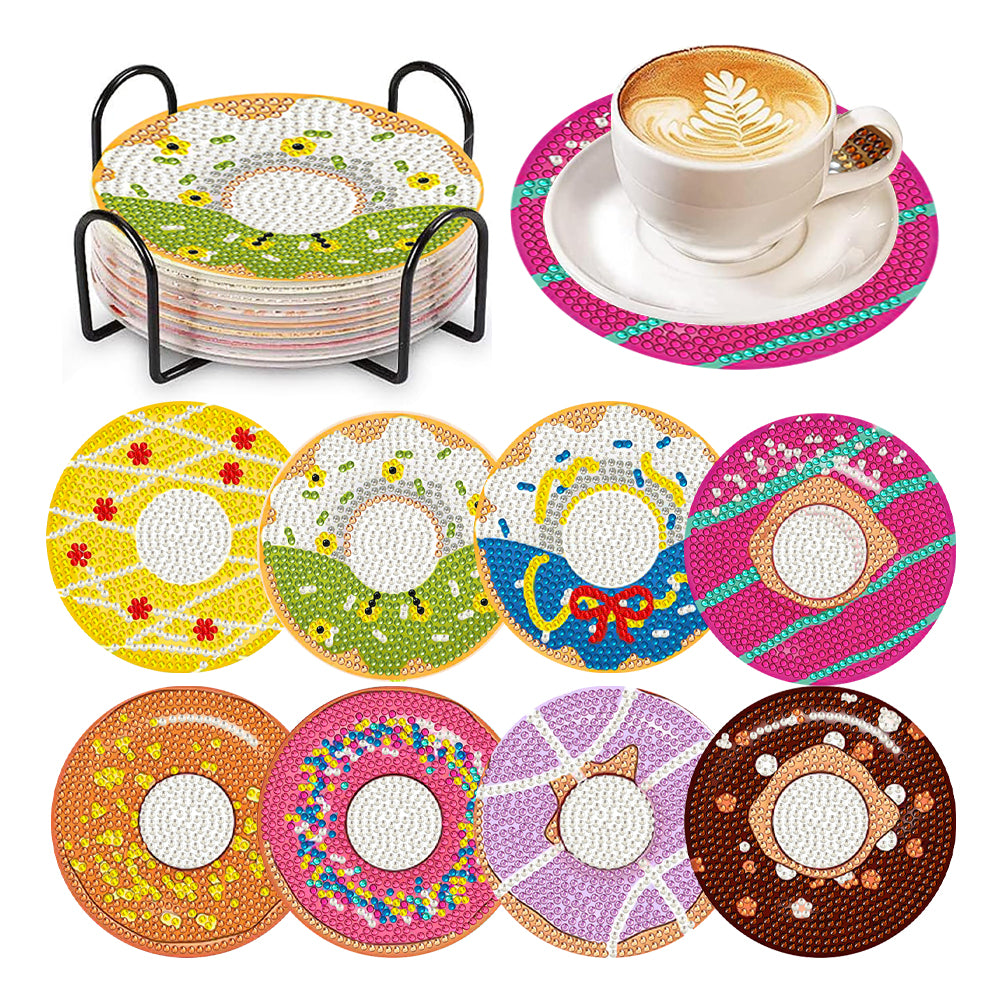 8 Pcs Wooden DIY Diamond Painting Art Coaster Kit with Holder (Doughnut)