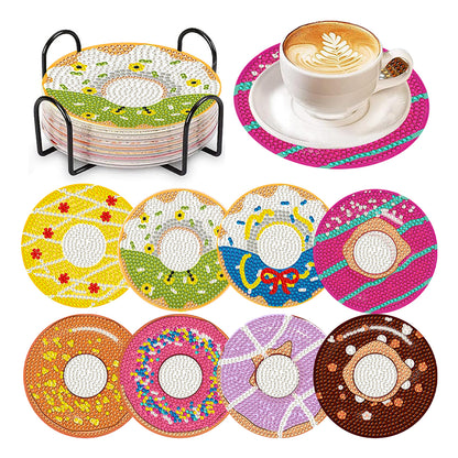 8 Pcs Wooden DIY Diamond Painting Art Coaster Kit with Holder (Doughnut)