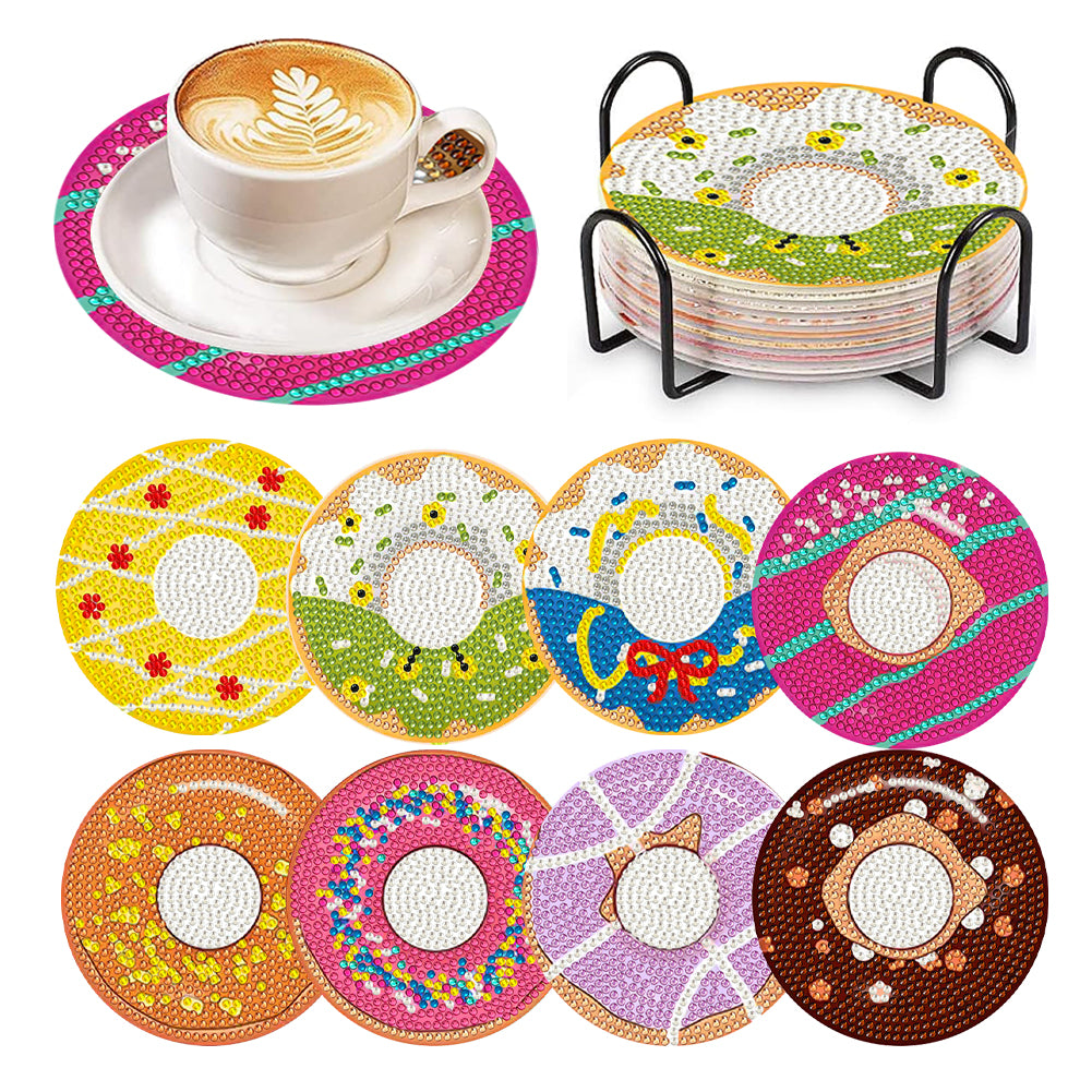 8 Pcs Wooden DIY Diamond Painting Art Coaster Kit with Holder (Doughnut)